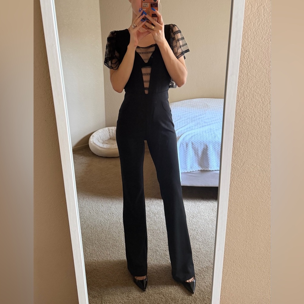 Black Lace-Trim Wide-Leg Jumpsuit - Elegant Evening Romper